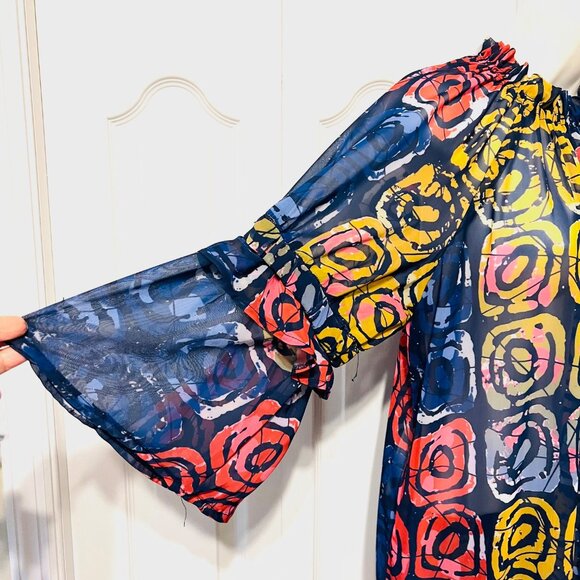 Bijelly Couture Long Maxi Dress-Large-Sheer-Ruffles-High Neck-Geometric-Colorful - Picture 4 of 15